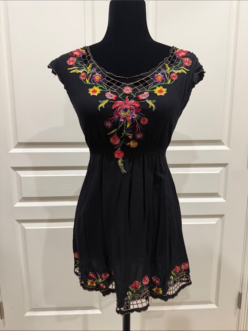 Black Mini Dress with Bright Floral Embroidery